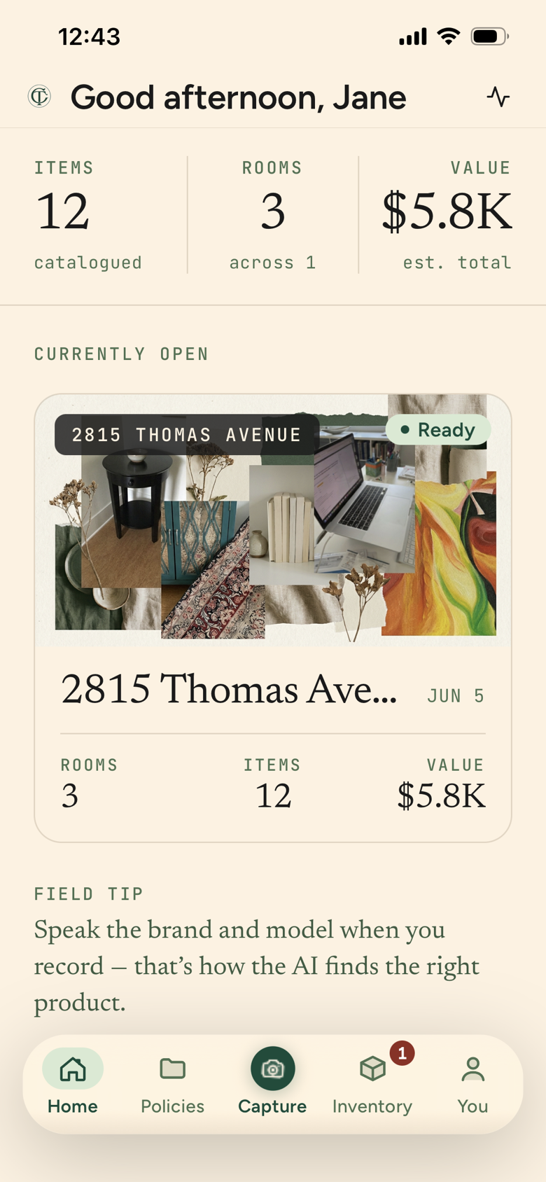 ClaimTally app home screen