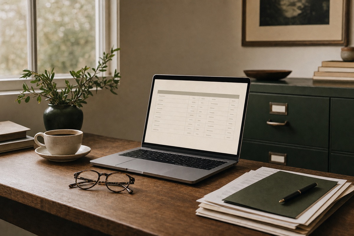 An adjuster's desk with a laptop showing an inventory ledger